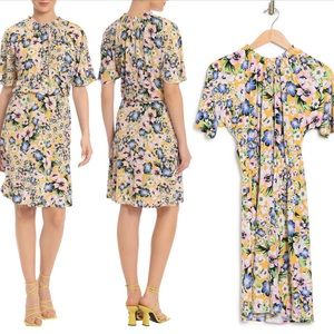 Maggy London Floral Ruffle Neck Blouson Waist Midi Dress Women's Size 16